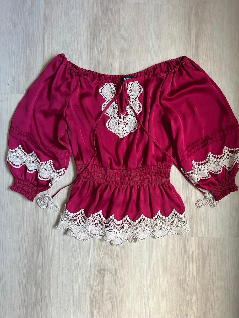 Bebe Y2K Off-Shoulder Boho Blouse with smocked waist